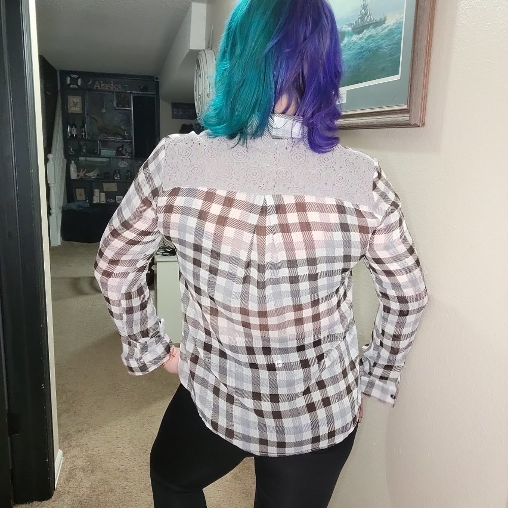 Band of Gypsies Sheer Button Down Long Sleeve Shirt Size Small Lace Back - Picture 4 of 12